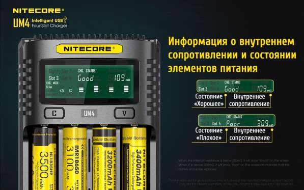 NiteCore Зарядное устройство — NiteCore UM4 с 4 слотами, от QC 2.0 в Москве фото 5