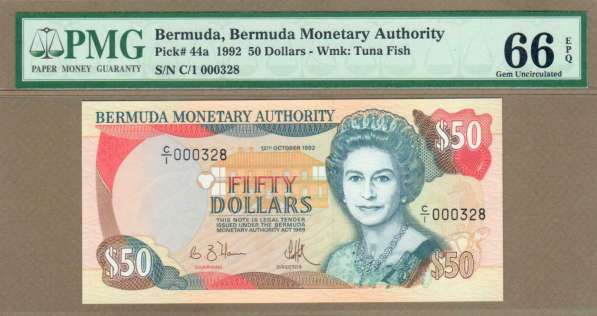 Бермудские острова 50 долларов 12.10.1992 год.(PMG66) P-44a