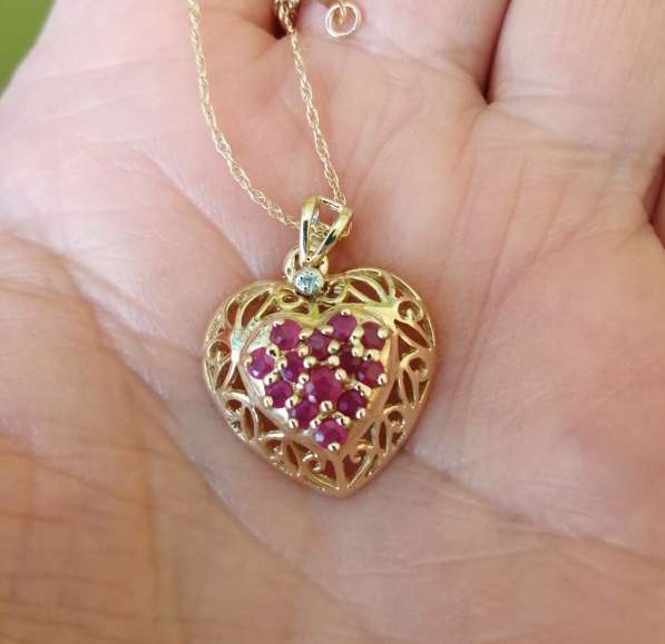 Кулон-сердце,14 рубинов, бриллиант, 14кт, винтаж