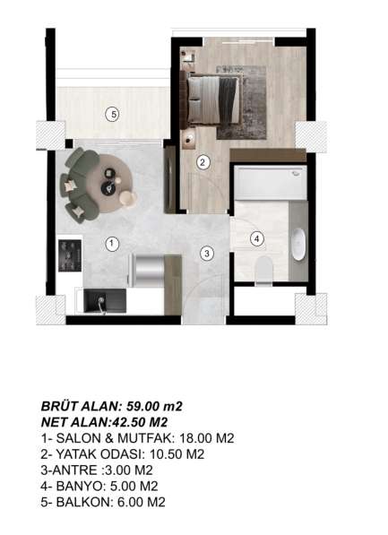 2-к. квартира 59м² Турция, Мерсин, Мезитли в фото 7