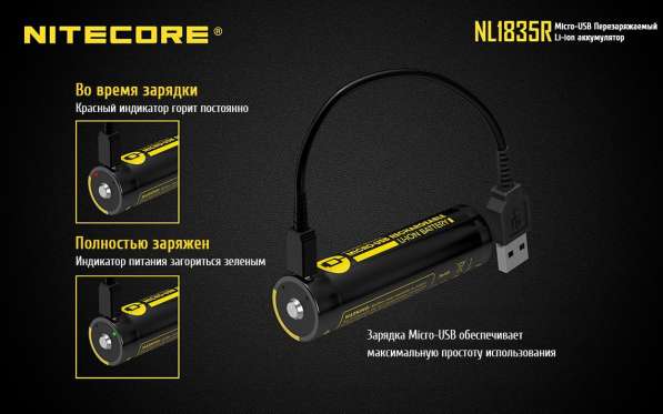 NiteCore Литий-ионный (Li-Ion) аккумулятор NiteCore NL1835R 3500 мач, со встроенной зарядкой Micro-USB в Москве фото 7