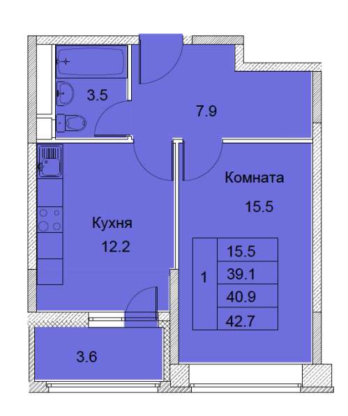 1-к квартира, улица Советская, дом 6, площадь 40,9, этаж 2